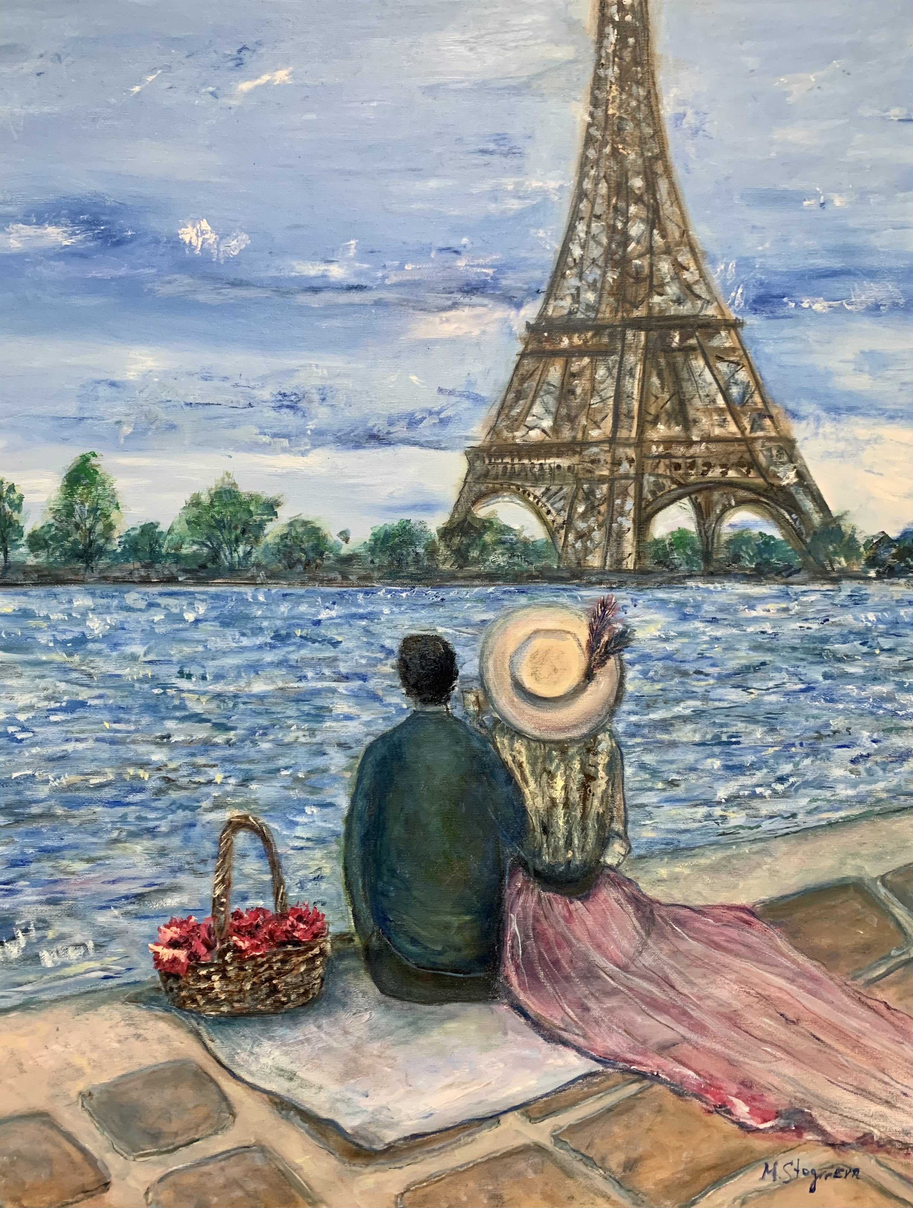 Paris for Two — original oil painting by Marina Stognieva, 70 × 80 cm, 2020